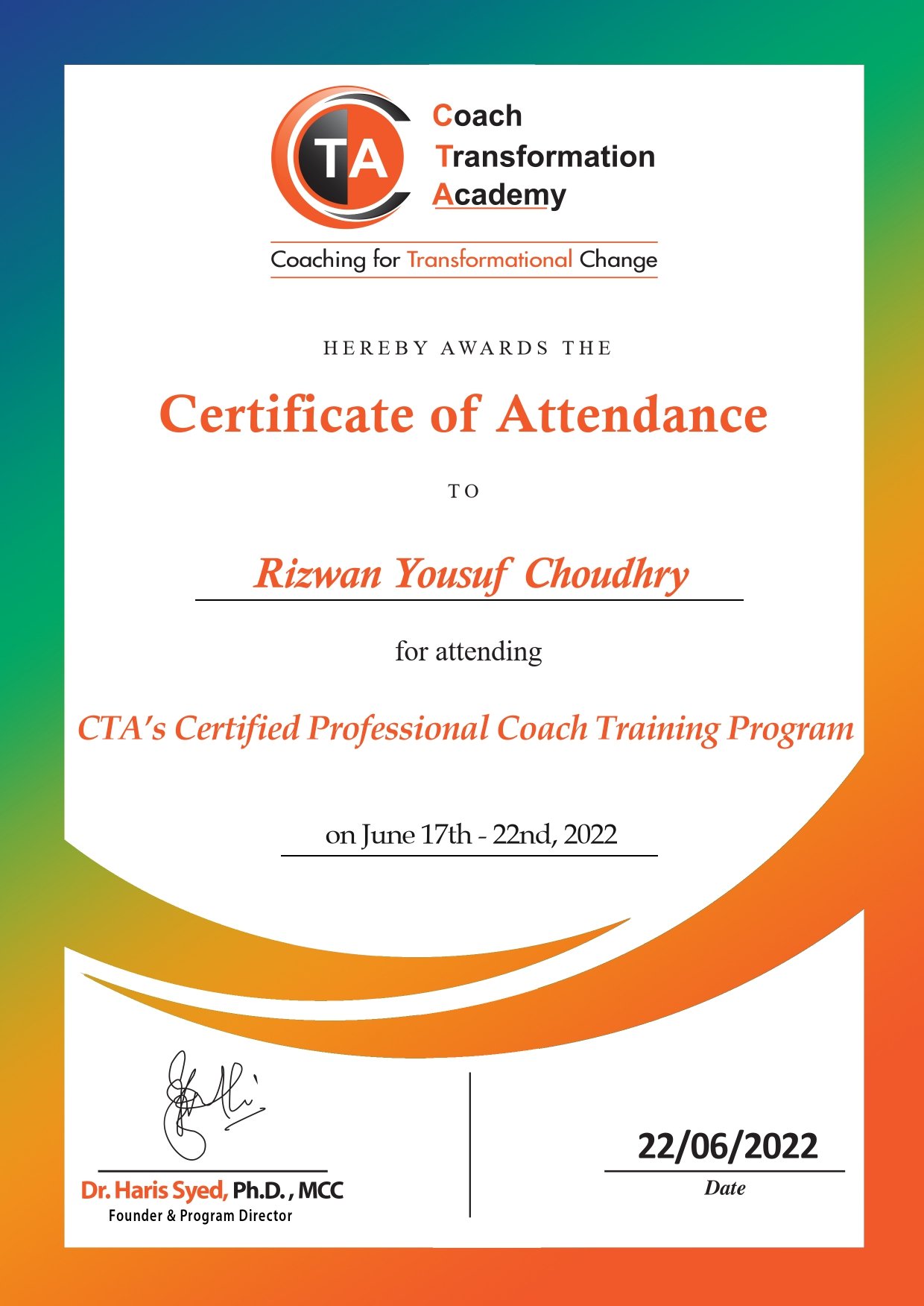 4 CTA CPC Course Attendance Certificate